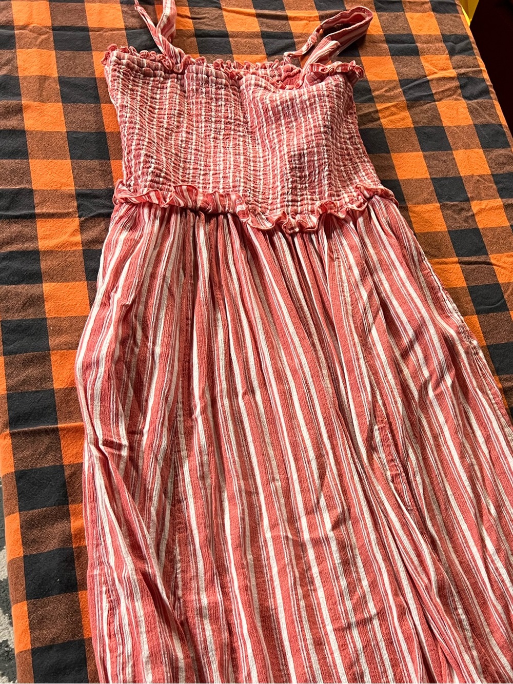 aerie Red and White Striped Smocked Maxi Dress